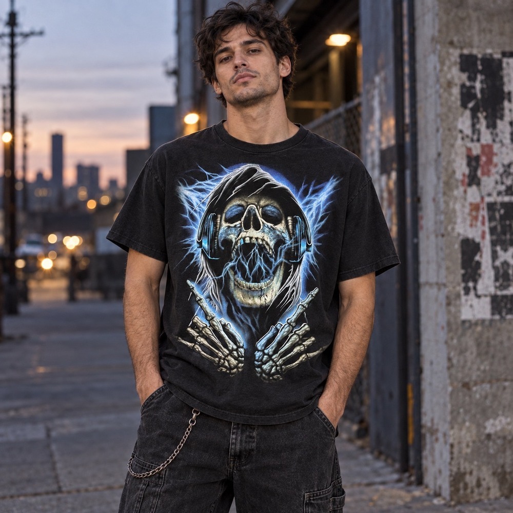 Y2K Delta Pro Weight Graphic Tee Mens L Black Skeleton Lightning Rock Music